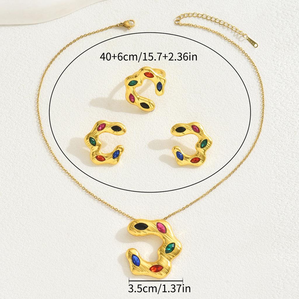 Necklace jewelry set with colorful diamond earrings C-shaped design ring