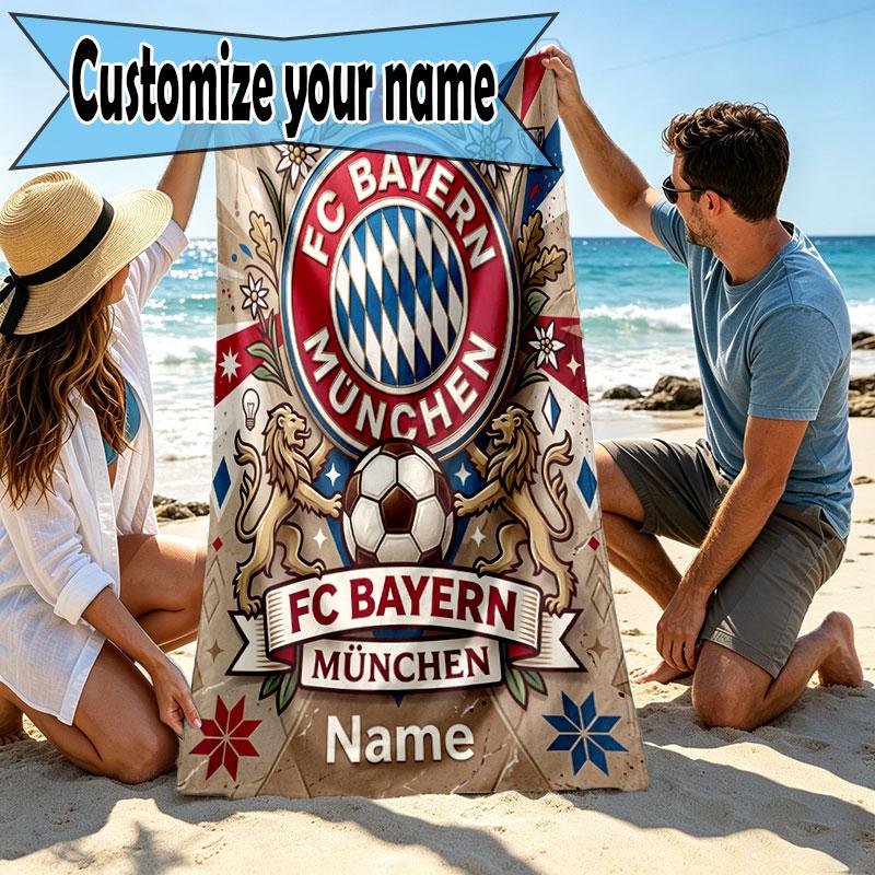 Custom Name Personalized FC Bayern Munchen Print Beach Towel, for Trip Camping Beach Party Home Decor, Birthday Gift for Family & Friends