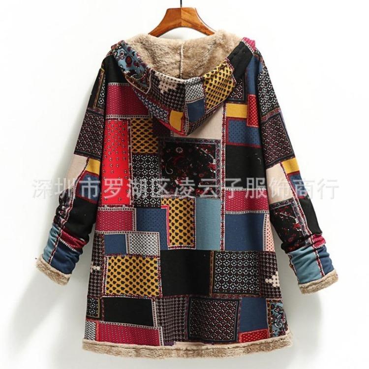 Hooded Jacket Women Plus Size Loose Long Coat Warm Fleece Retro Printed Outwear Pockets