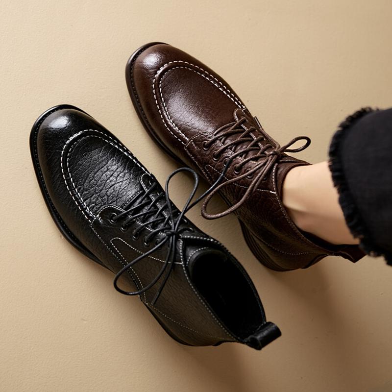 Fashion NEW Autumn/Winter Women Boots Genuine Leather Shoes for Women Round Toe Chunky Heel Shoes Lace-up Ankle Boots Black Modern Boots