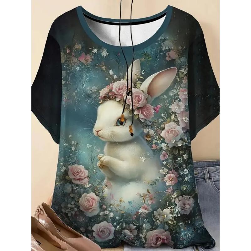 Fashion Women's Crew Neck Short Sleeve 3D Animal Color Printing Animal Short Sleeve Crew Neck T Sleeve