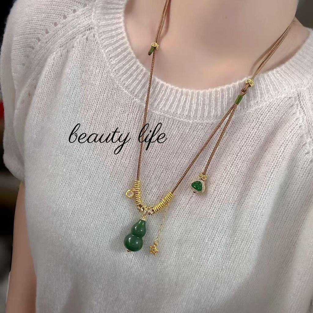 Chinese Retro Buddha Jade Gourd Tassel Necklace for Women