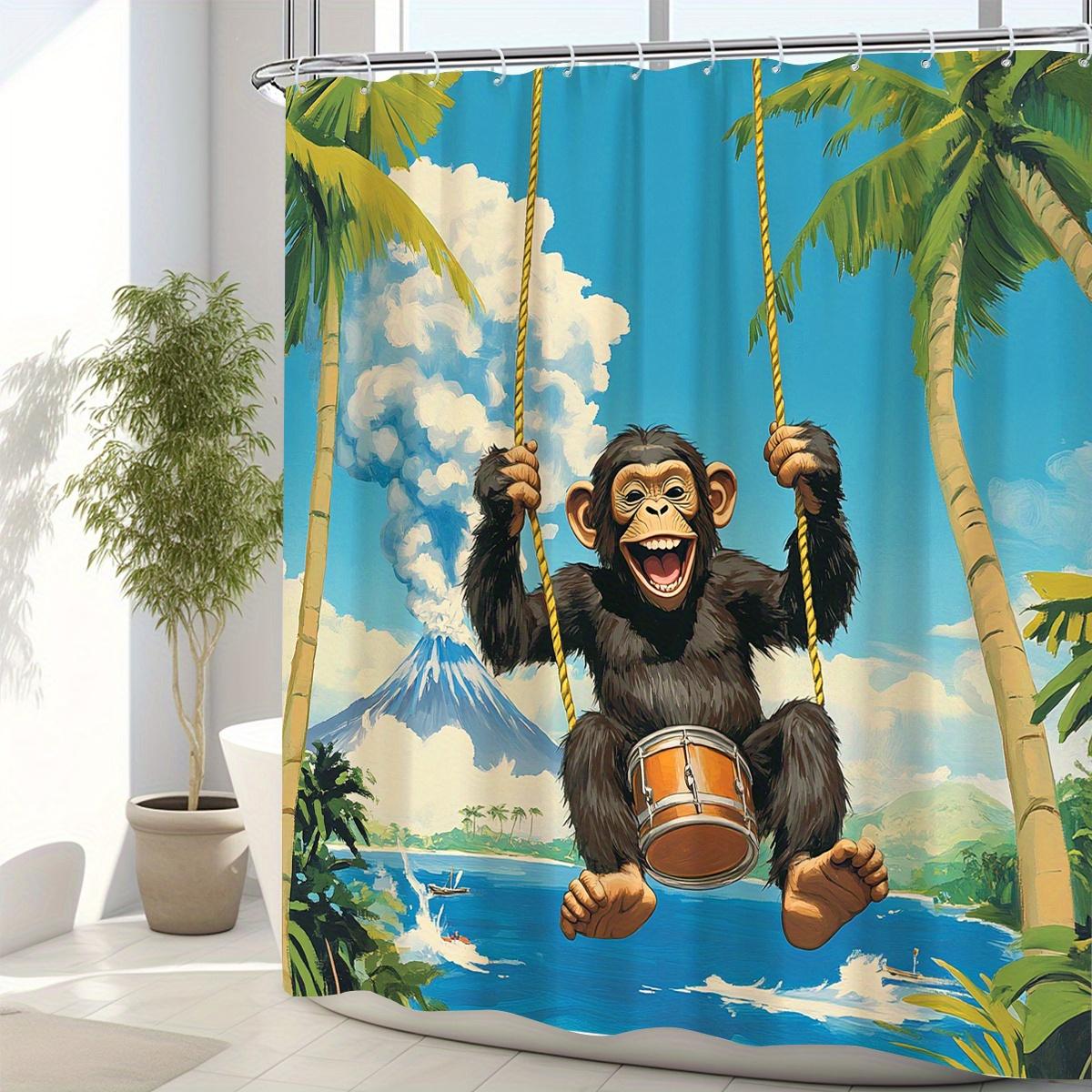 

1 Tropical Gorilla Scenery Shower Curtain - Polyester With Hook, Vibrant Island Scene With Palm Trees And Mounted Reflections W60H190(CM)-1 Pcs