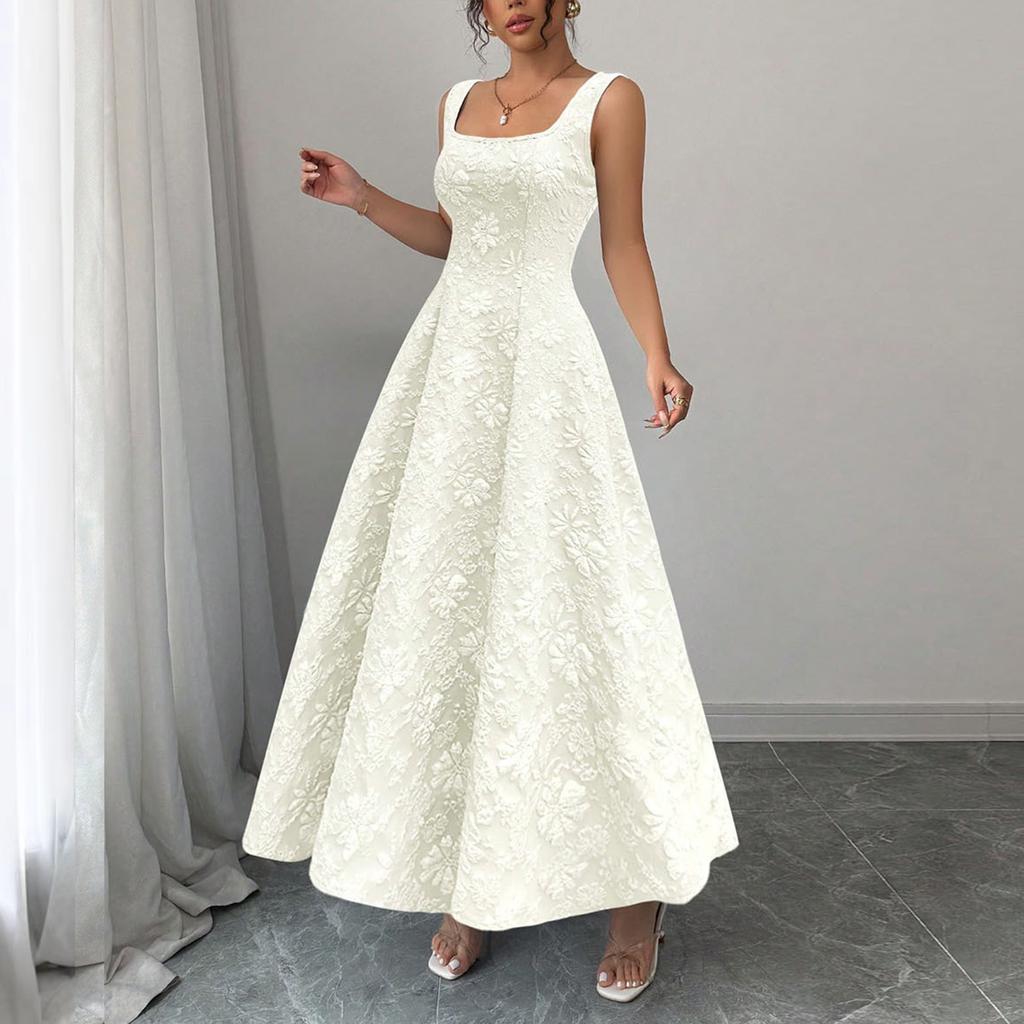 Women's Fashionable Color Square Neck Pullover, Fresh And Sweet Waist Cinched A-line Length Dress