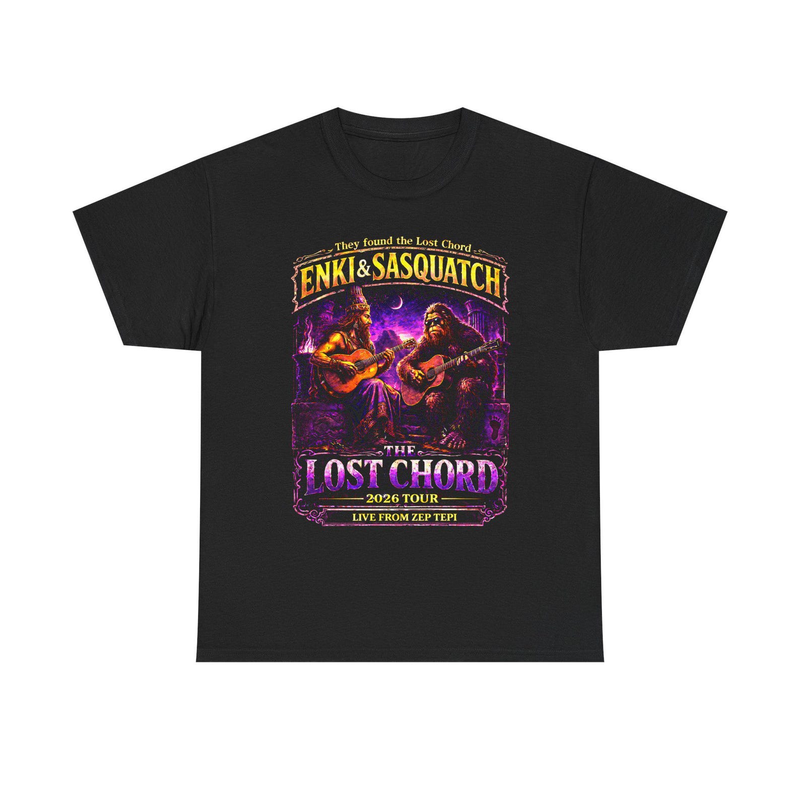 Enki and Sasquatch the Lost Chord Tour Tee Shirt Neon Edition, Funny Bigfoot Guitar Tee, They Found the Lost Chord, Mythology Music, 2XL