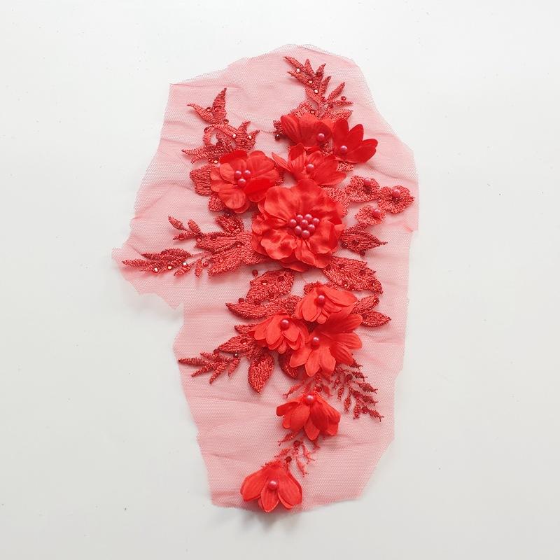 1 pezzo di applique con perline e fiori in strass per abiti da sposa, cucito e riparazione, 16 cm rosso
