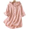 T-shirt Ricamata Jacquard in Cotone e Lino a Maniche Corte da Donna Estiva Sottile Traspirante con Cappuccio Taglia Larga Camicia in Lino