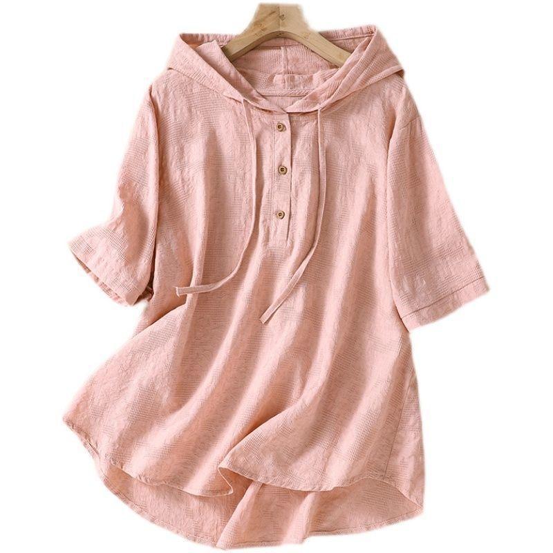 T-shirt Ricamata Jacquard in Cotone e Lino a Maniche Corte da Donna Estiva Sottile Traspirante con Cappuccio Taglia Larga Camicia in Lino