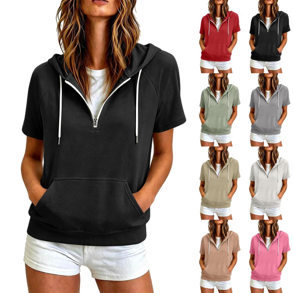 Women's Color Short Sleeve Hooded Sweatshirt with Zipper, Drawstring and Pockets - Loose Fit Casual Top