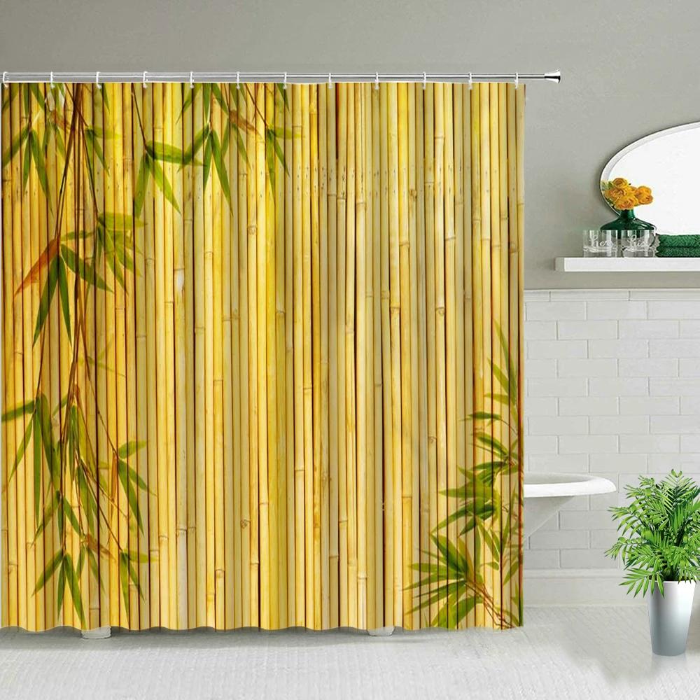 Yellow Green Bamboo Lotus Shower Curtain Bathroom Curtains Plant Flower Natural Scenery Fabric Background Wall Decor Screen Hook