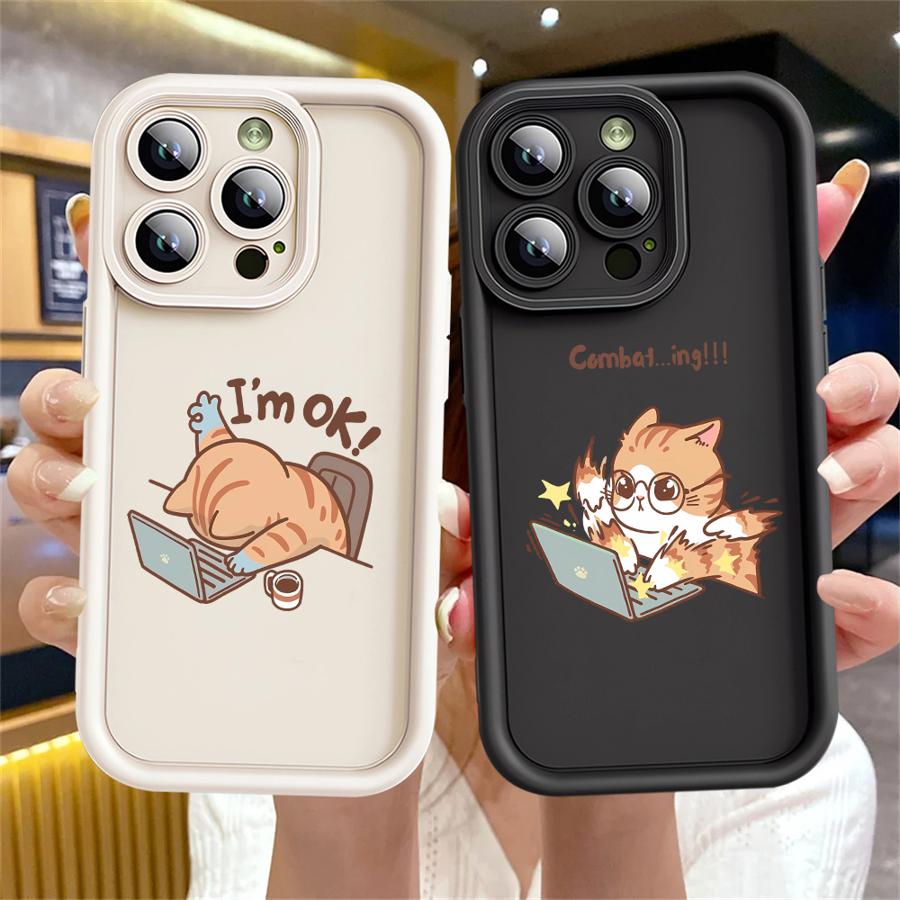 Phone Case for iPhone 11 13 14 16e 12 16 Pro Max 15 Plus Soft Shell 15Pro 14+ 13Pro 16+ Funny Cartoon Work Cat