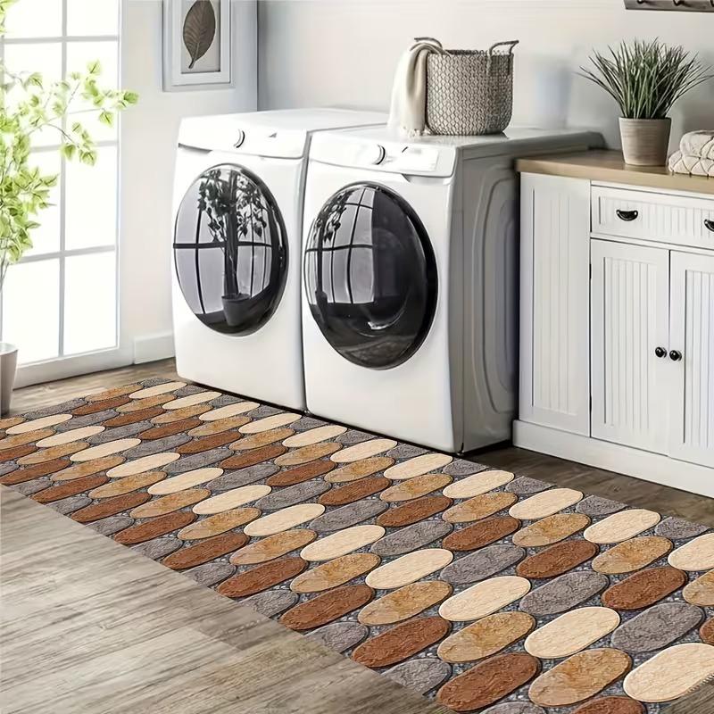 Stone-Inlaid Mosaic Carpet, Round Pattern Array in Earth-Tone Palette Rug, Textured Floor Mat for Modern Entryway Decoration