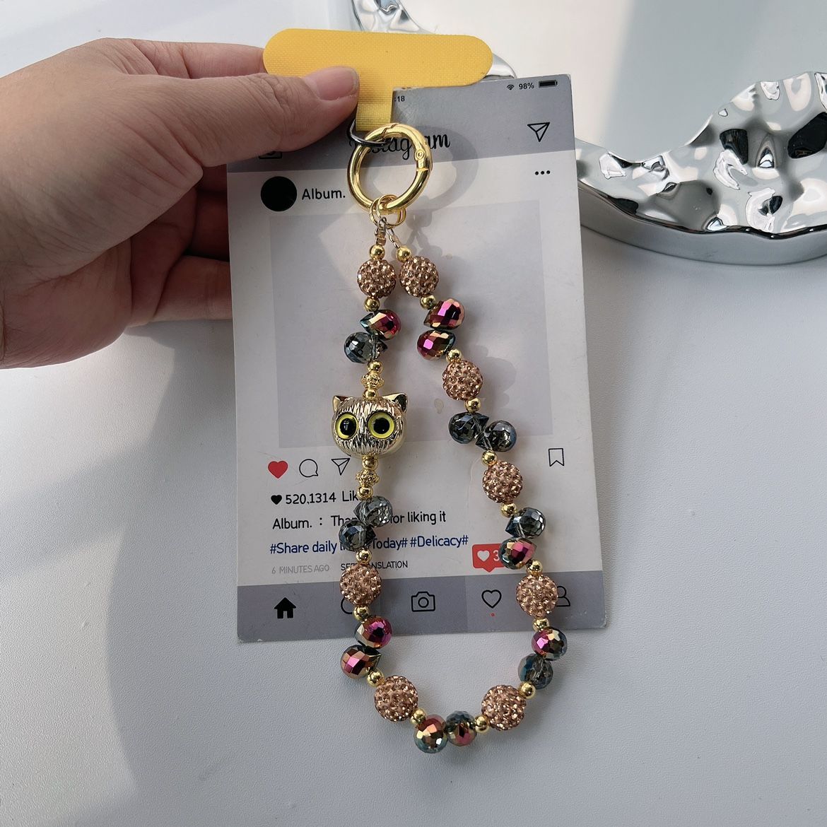 

Бісерний ремінець на зап ястя для телефону Котяче око довжиною 26 см Короткий ланцюжок Ремінець для телефону з кріпленням Rose Gold