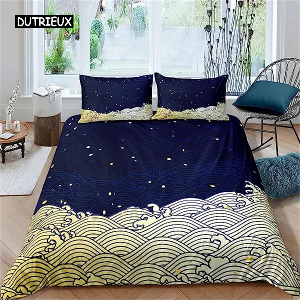 Duvet Cover Japanese Style Sea Ocean Waves Nautical Hand Drawn Japanese Style Cover Illustration Ukiyoe Themed Decor Blue Cream