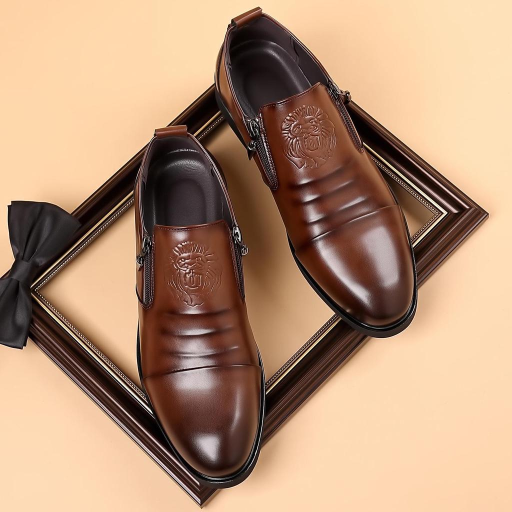 Men's Autumn/Winter Business Casual Leather Shoes with Lion Head Zipper – High & Low Top, Pointed Style