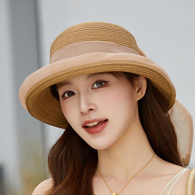 Spring and summer new women's straw hat big bow decorative sunscreen visor basin hat showing face small seaside vacation photo hat