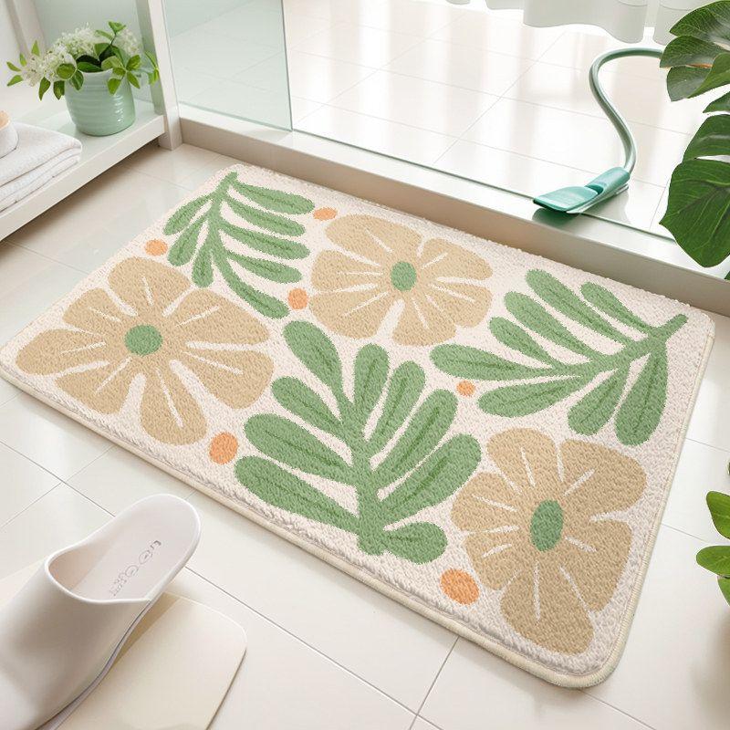 Floral Leaves Green Bath Mat Botanical Bathroom Rug Non Slip Absorbent Floor Mat For Shower Tub Bedroom Plant Lover Decor