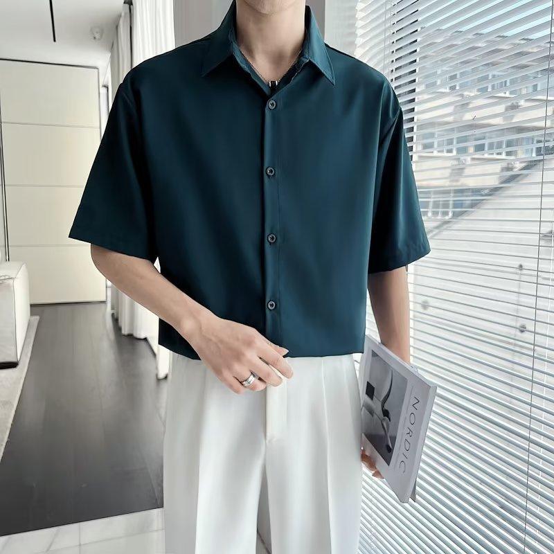 Ice Silk Men's Loose Fit Short Sleeve Button-Down Shirt - Korean, Hong Kong, Japanese Style, Plus Size, Wrinkle-Resistant