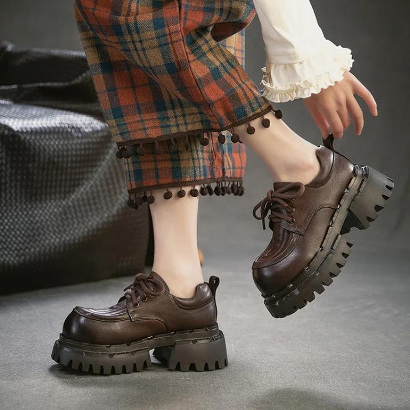 Johnature Britischer Stil Schnürschuhe Runde Spitze Dicke Sohle Echte Leder Vielseitige Damen High Heels Pumps