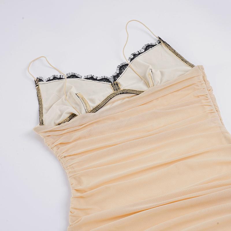 2026 Lace Spaghetti Strap Dress Women Summer Pleated Drawstring Sexy Plunge Mini Dress Slim Hot Girl Club Party Dresses