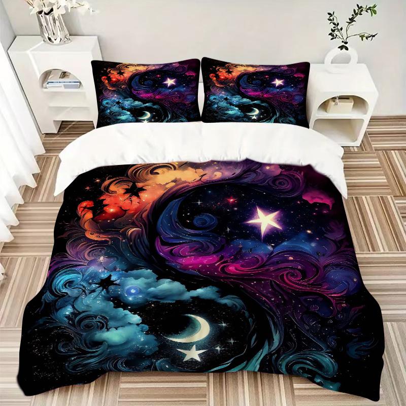 3pcs Celestial Dance In Vibrant Swirls and Stars Bedding Set - 1 Soft Quilt Cover + 2 Pillowcases, Machine Washable - Suitable for All Seaso