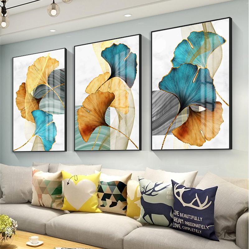Blue Green Yellow Gold Plant Leaf Abstract Nordic Canvas Print Wall Art Painting Modern Picture Living Room Decoration No Frame