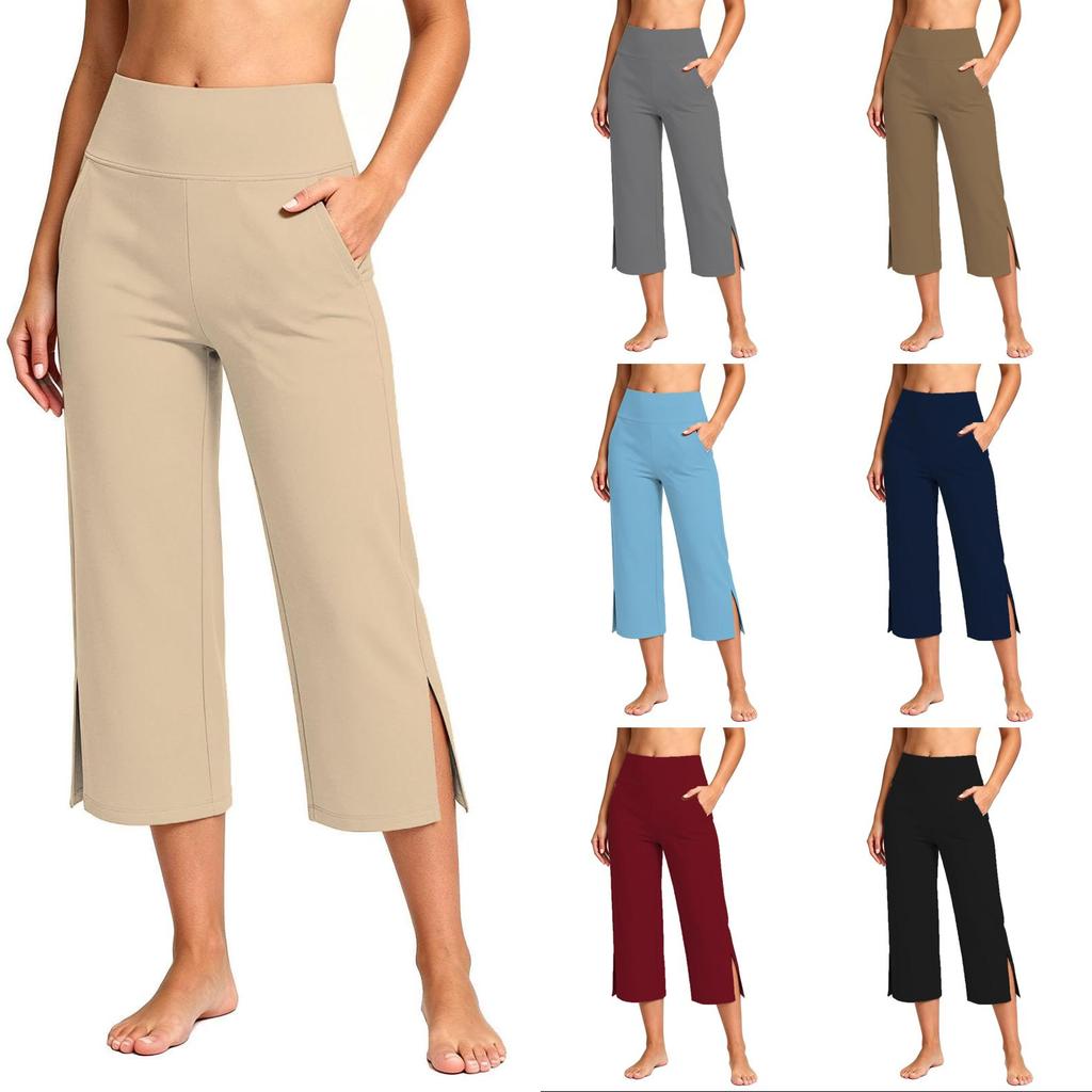 Women High Waist Casual Pants with Pockets Wide Leg Cropped Stretchy Athletic Capris with Side Slits for Everyday Wear