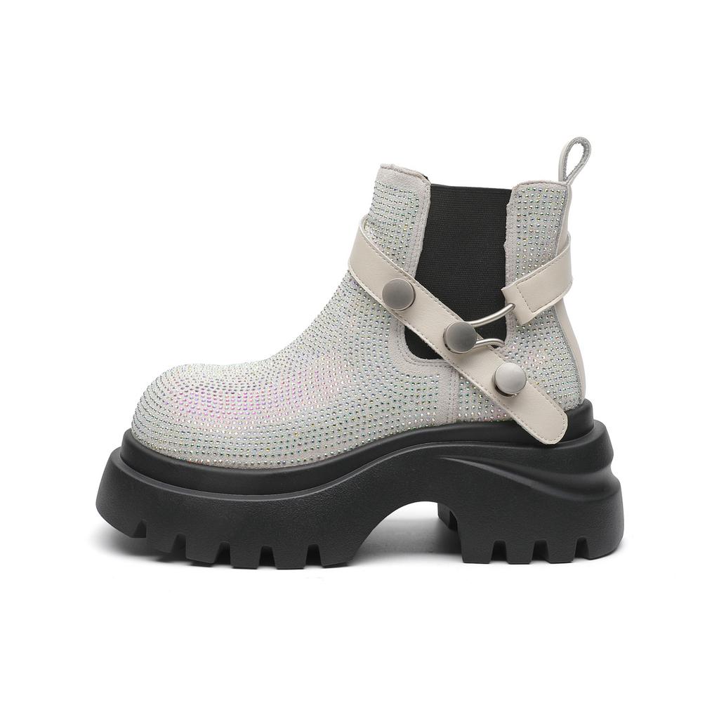 European Station 2025 Autumn and Winter New Leather Platform Premium Martin Boots Women's Fashion Full Diamond Retro Locomotive Boots