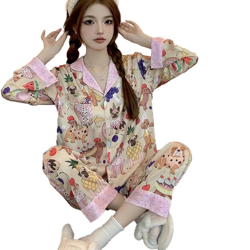 Cartoon Animal Graffiti Spring And Summer Ice Silk Pajamas Women'S Long-Sleeved Niche Style Loungewear Suit Can Be Worn Outside
