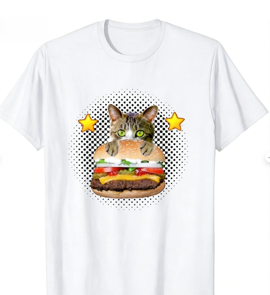 Unisex Y2K Aesthetic Harajuku Funny Peeking Burger Cat Meme T Shirt Cat in Burger Print Casual Tops Black Streetwear Daily Wear