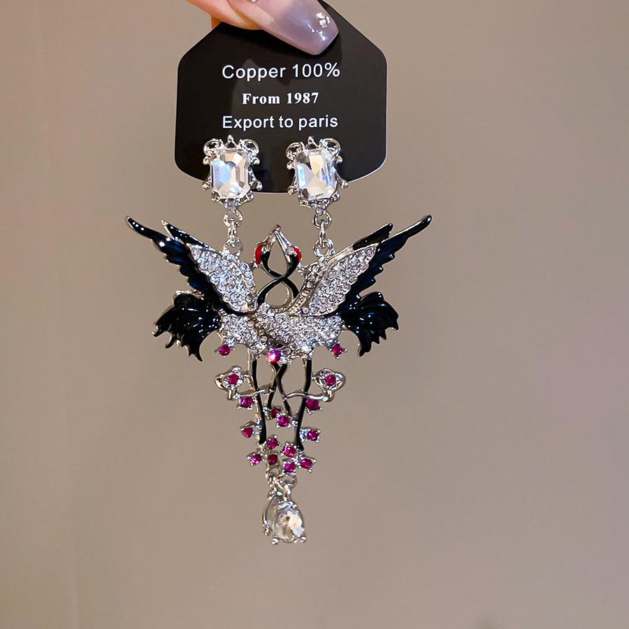 Silver Needle Rhinestone Crane Geometric Drop Earrings for Women