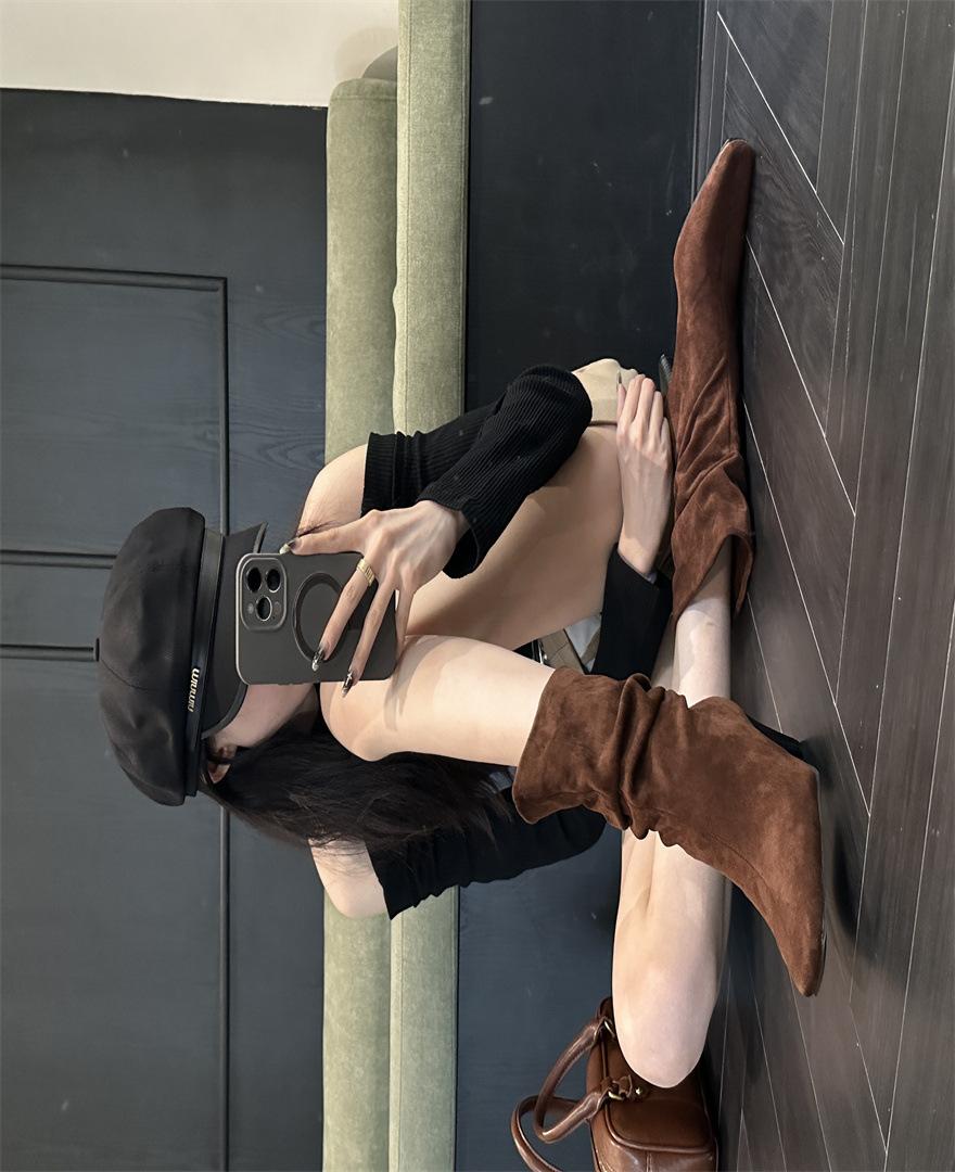 

Нишевый дизайн тонкий каблук высокий каблук французский темперамент остроносые ботинки женские ботинки 2025 новые двухсторонние высокие ботинки-чулки 39 светло-коричневого