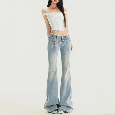 Women's Washed Blue Flared Jeans - Spring 2025 Lace Stitching, Slim, Low Waist, Retro Style