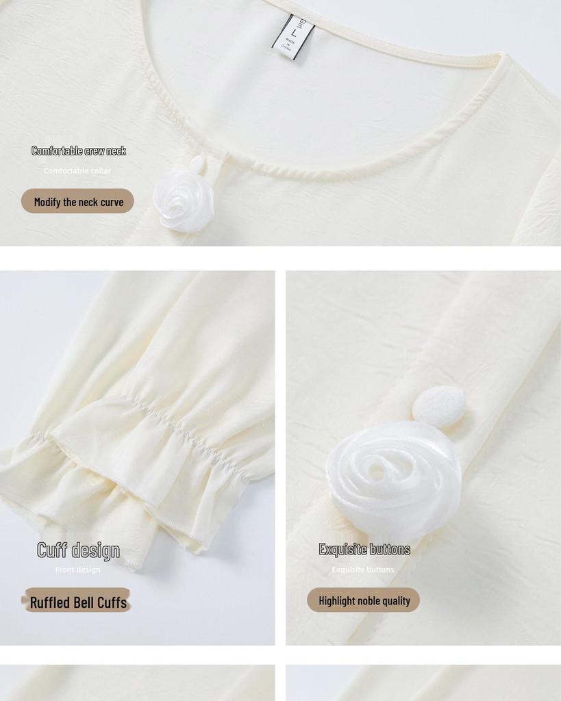 White Rose French Sweet Ice Silk Women's Pajama Set, Spring/Autumn, Long Sleeve, Indoor/Outdoor Wear