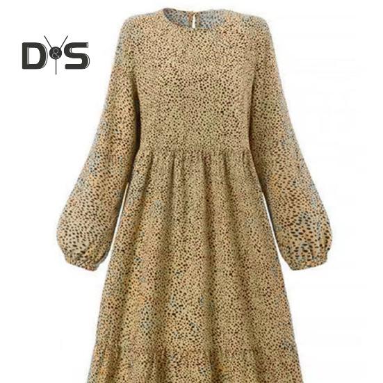 Women Maxi Dress O Neck Long Sleeve Loose A Line Big Hem Dot Print Vintage Soft Patchwork Dubai Turkey Abaya Long Robe Dress