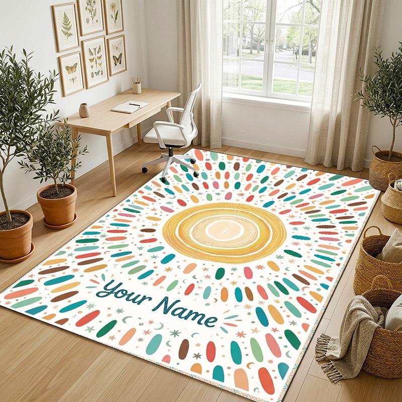 Sunburst Theme Soft Crystal Velvet Rug Custom Name & Text Print Non Slip Floor Rug for Bedroom Living Room