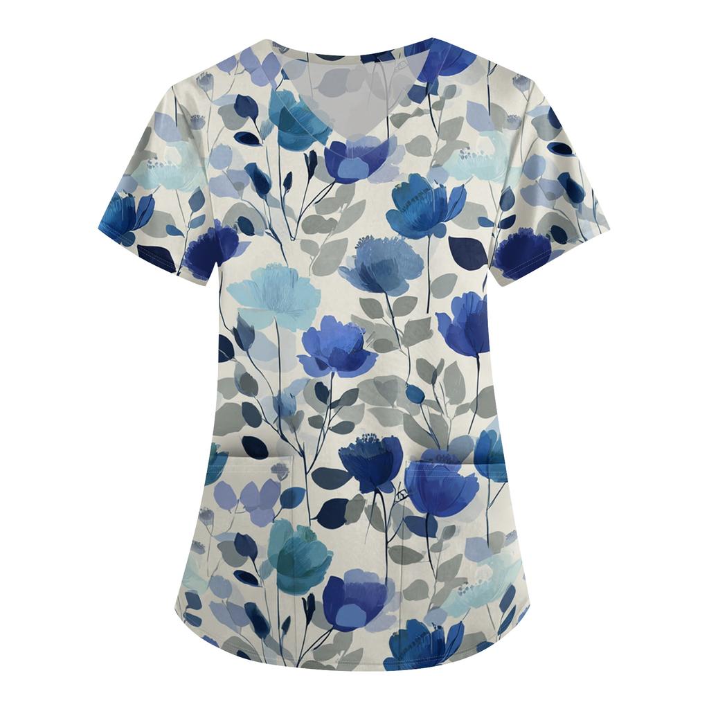 Women's Floral Print Loose Fit V Neck Short Sleeve Medical Scrub Top with Pockets for Healthcare Professionals Lightweight Breathable Fabric