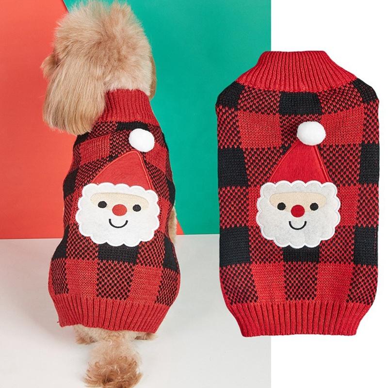 Christmas Leisure Pet Acrylic Sweater Plaid Knit Embroidered Santa Reindeer Snowman Elastic Comfortable Durable Winter Dog Cat