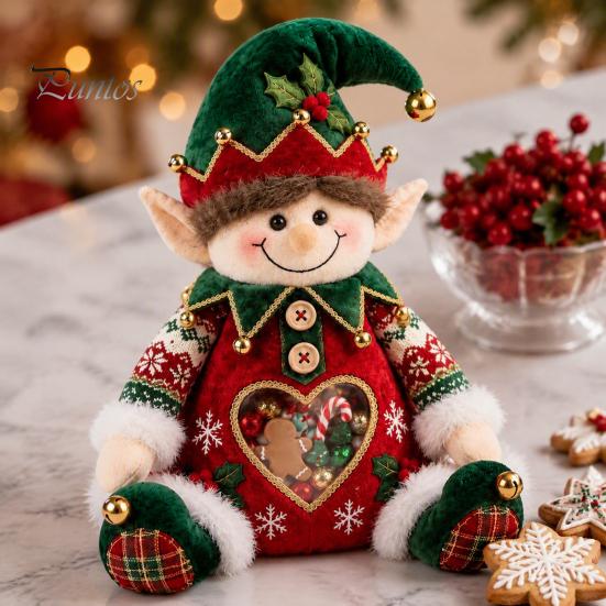 Plush Candy Storage Box Christmas Snack Bag, Clear Heart Window Doll with Back Zipper, Holiday Cookie Gift Soft Knitted Ornament Holder, Decorative