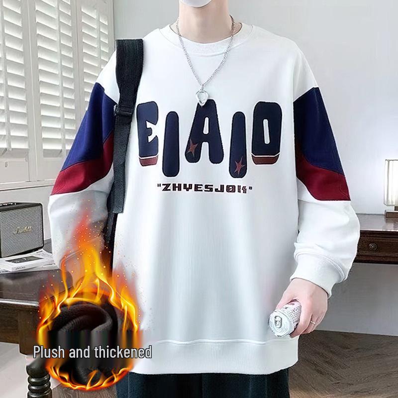 

Men s Plus Size Heavyweight Crewneck Sweatshirt - Autumn/Winter, Thick Velvet, Trendy Casual American Style, Loose Fit, Long Sleeve. L білий