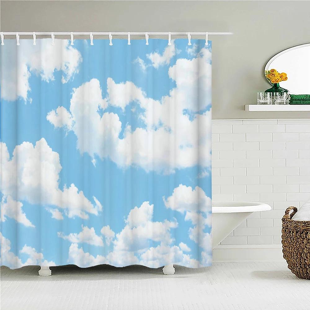 Solig Blå himmel moln Landskap Vattentätt Tyg Duschdraperi landskap Tryckta Duschdraperier för Badrum Dusch med Krokar