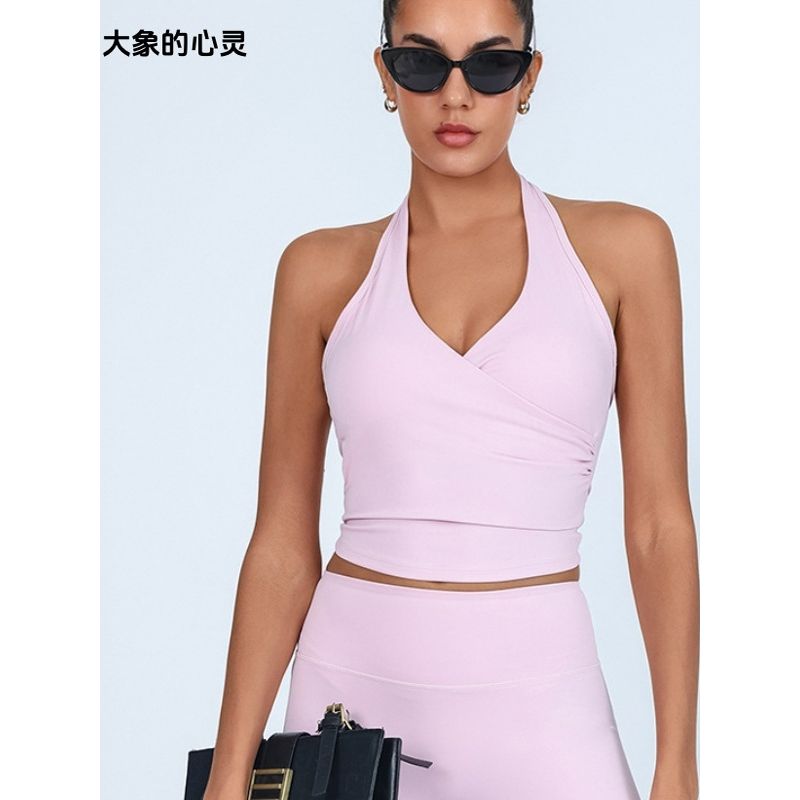 

Yoga Vest Women European and American New Hanging Neck Including Chest Pad V-neck Sports Vest Fitness Underwear Beauty Back Nude Feel Bra Cherry Blossom shorts S