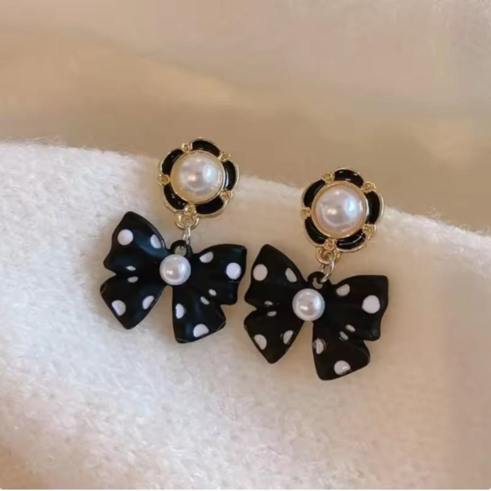 Cute Pearl Bowknot Colorful Polka Dots Bowknot Drop Pendant Earrings for Women Girls Party Dating Wedding Jewelry Accessories