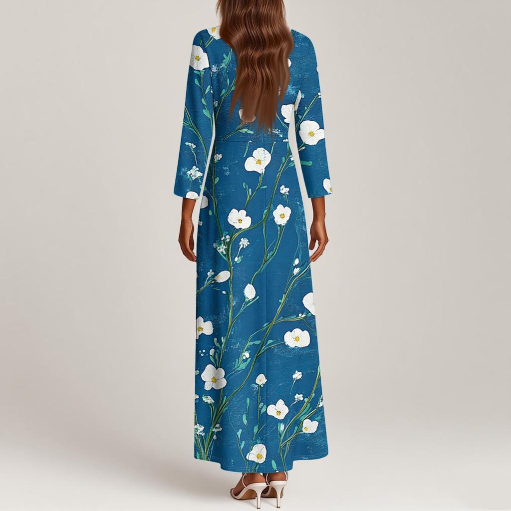 Vestidos de Praia Flutuantes com Decote em V da Moda Feminina, Vestidos Estampados Florais de Sete Mangas