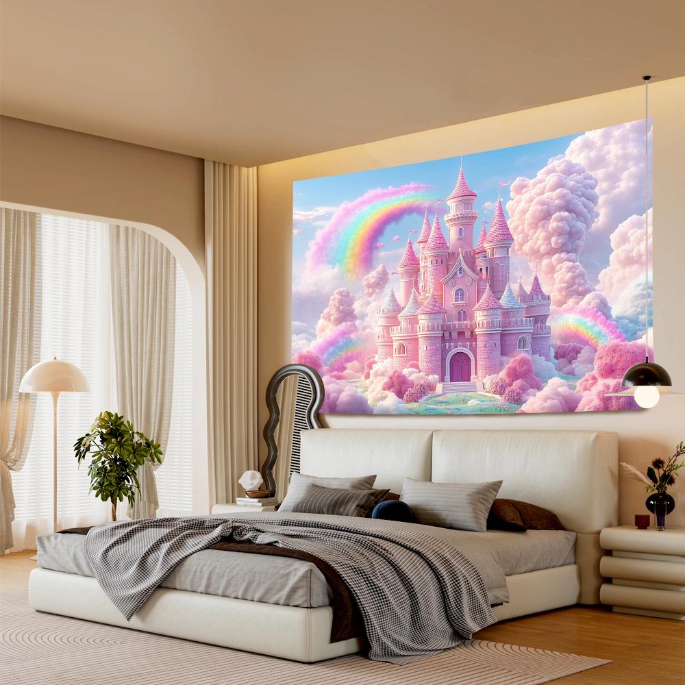 1pc Glam Style Fantasy Rainbow Castle Tapestry, Polyester Hanging Wall Decor for Living Room, Bedroom, Office, Party - No Electr