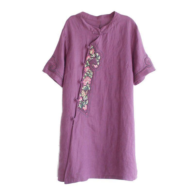 

Women s Summer Cotton Linen Dress, Ethnic Style Stand Collar Frog Button Heavy Embroidery Short Sleeve Loose Tunic Dress for Daily Wear 4XL фіолетовий