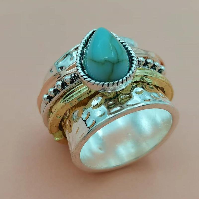 

Huajie Boho Ethnic Style Women s Water Drop Imitation Turquoise Two Tone Rings Retro Party Banquet Trend Tide 11