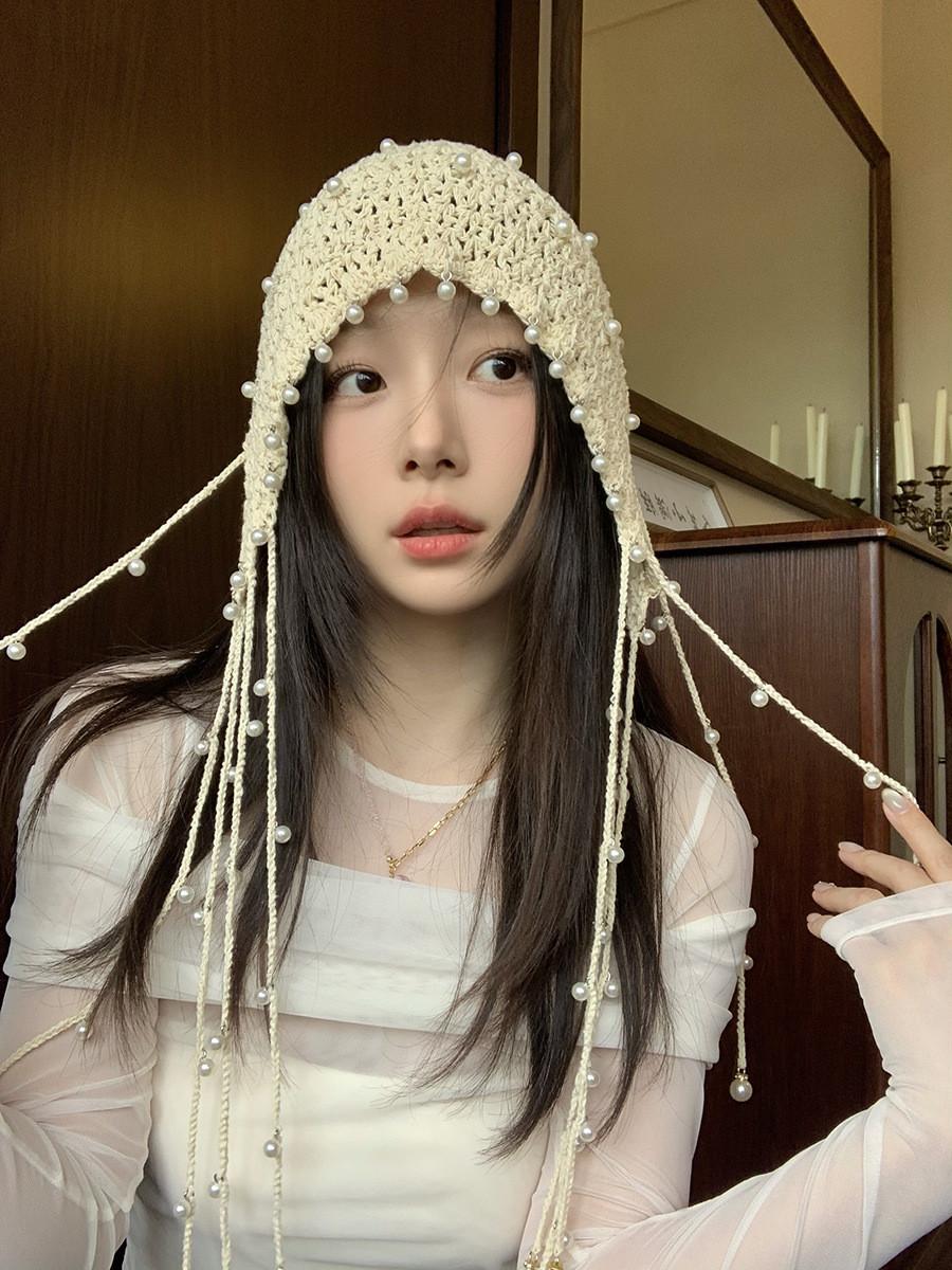 

Cozy Unisex Pearl Pendant Knitted Cap With Embroidery And Tassels For Spring Fashion StyleA