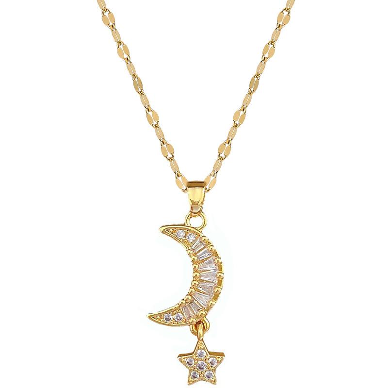 Titanium Steel Star Moon Light Luxury Temperament Gorgeous Full Diamond Necklace Female Versatile Collarbone Chain Titanium Steel Chain