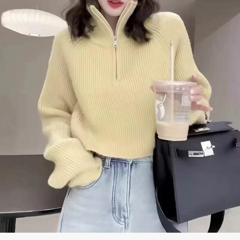 Autumn Winter Half High Collar Zipper Pullover Sweater Women Solid Color Casual All-match Knitting Top